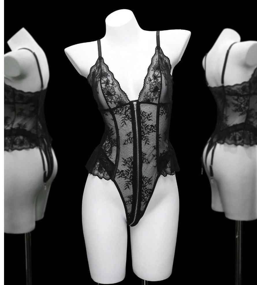 Black Lace Zipper Bodysuit - Image 5