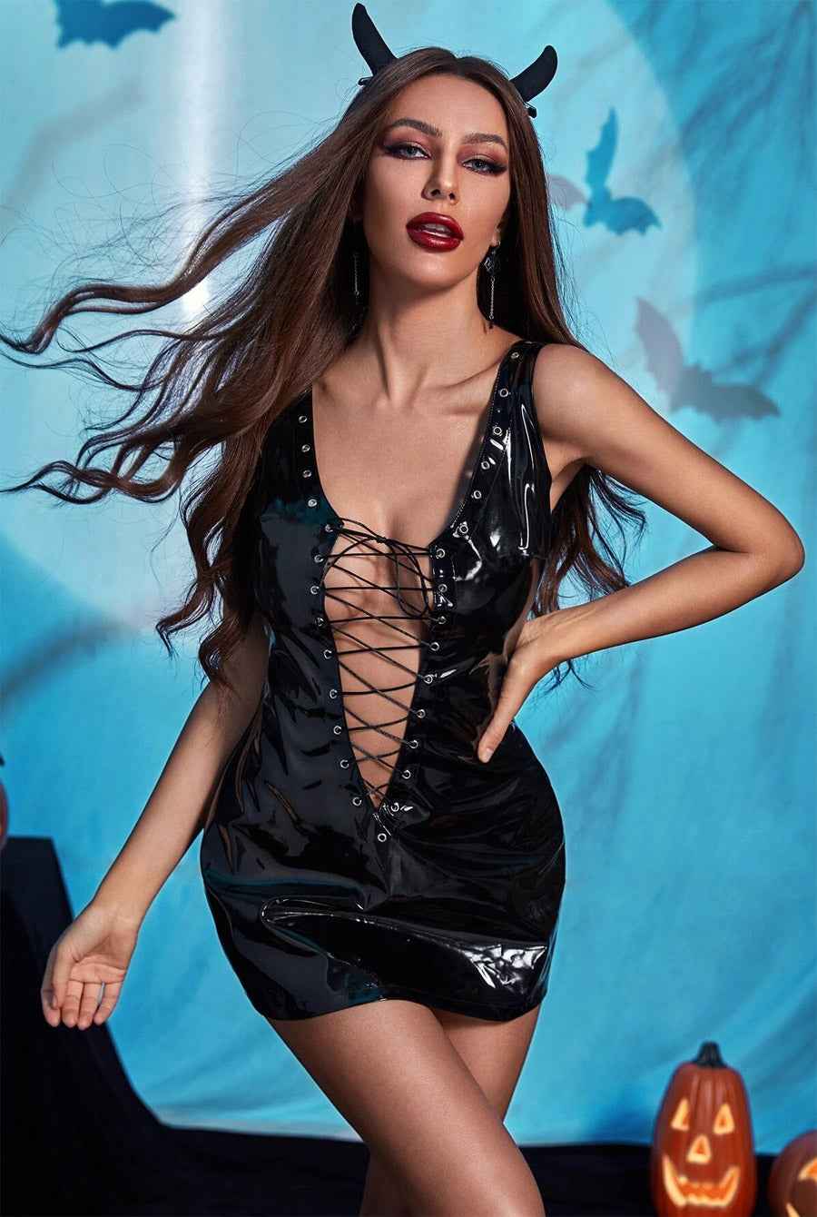Black PU Lace up Mini Dress