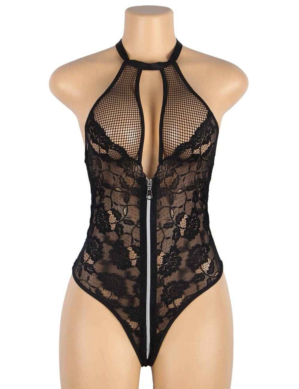 Black Sexy Floral Lace Backless Zipper Teddy - Image 5