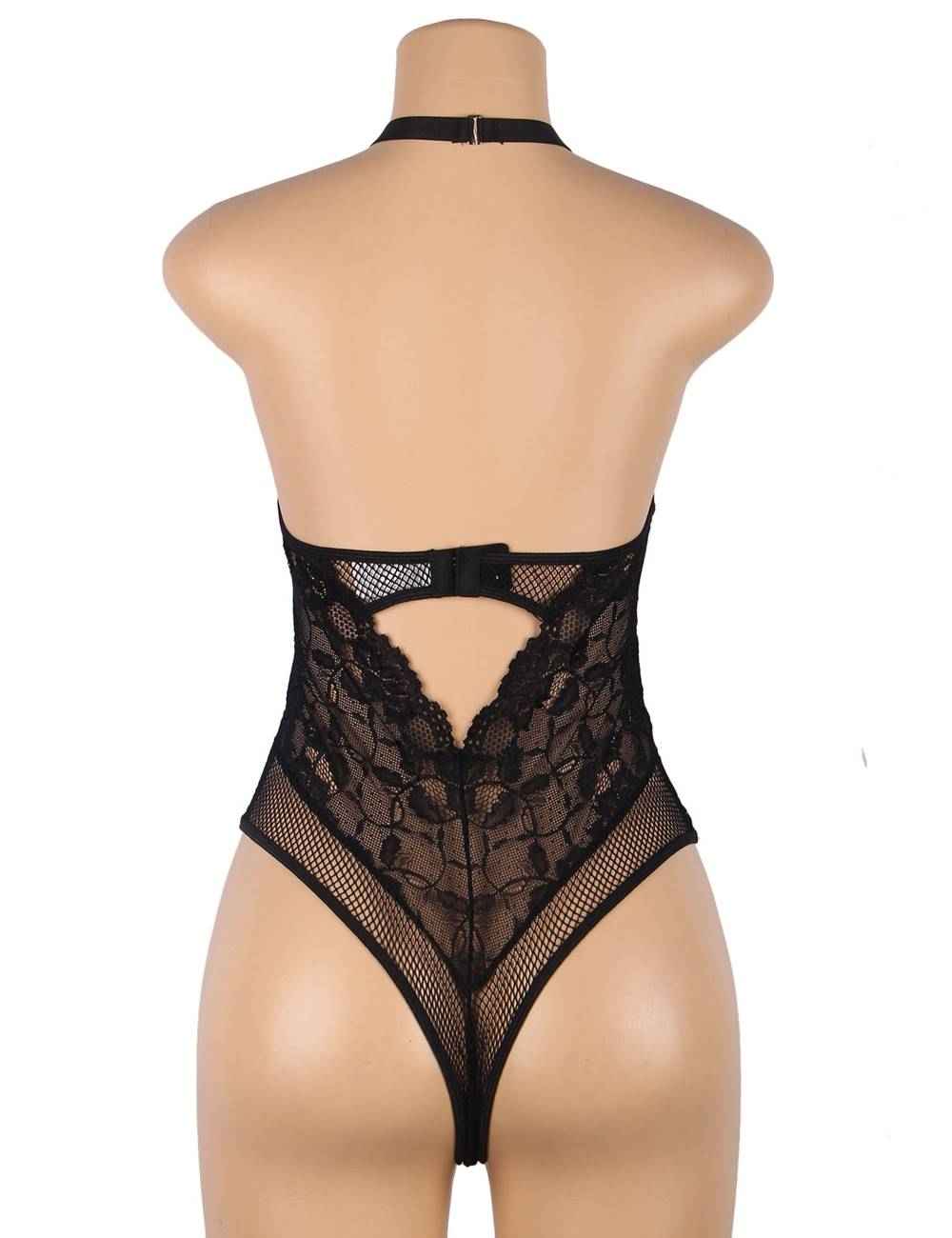 Black Sexy Floral Lace Backless Zipper Teddy - Image 6