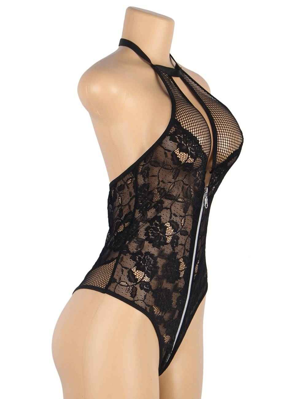 Black Sexy Floral Lace Backless Zipper Teddy - Image 7