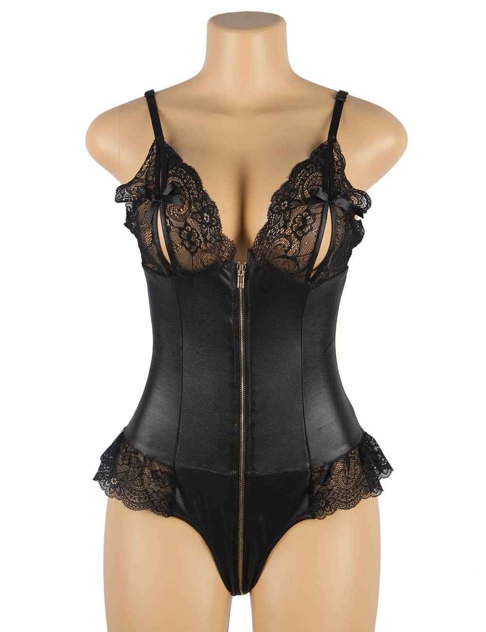 Black Sexy PU Lace Zipper Bodysuit - Image 4
