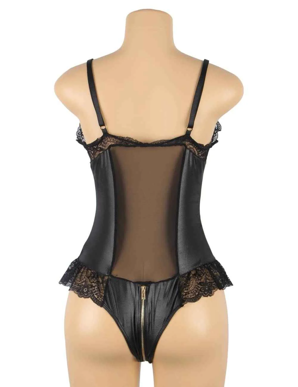Black Sexy PU Lace Zipper Bodysuit - Image 5