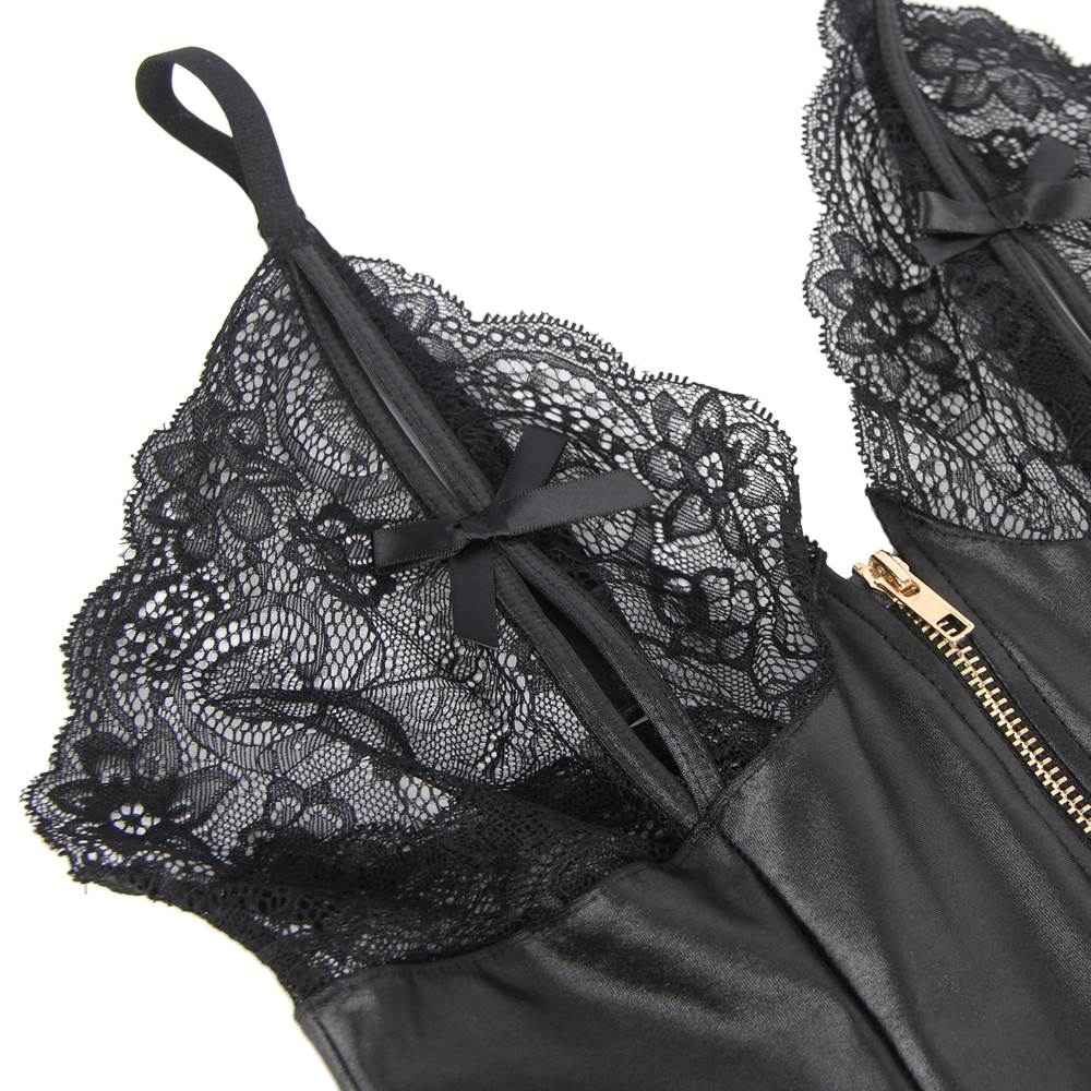 Black Sexy PU Lace Zipper Bodysuit - Image 7