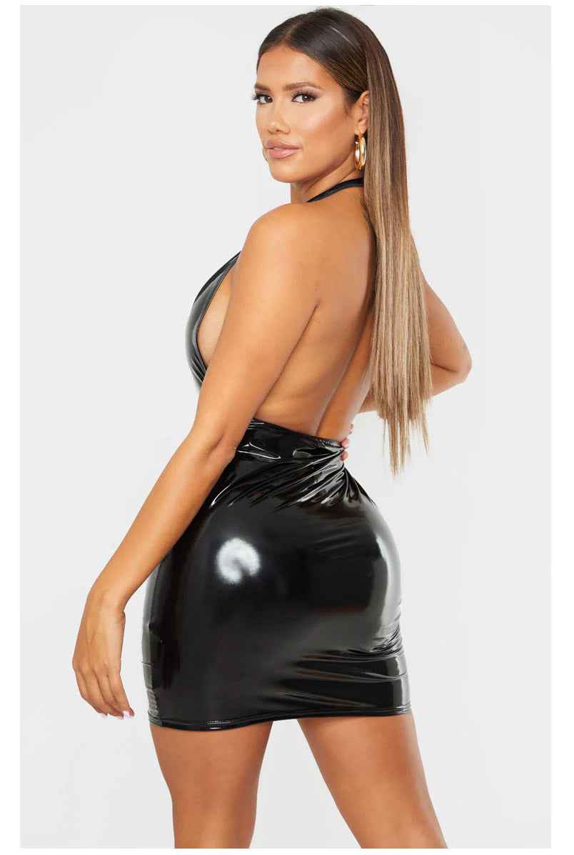 Black Vinyl Halterneck Sexy Dress - Image 2