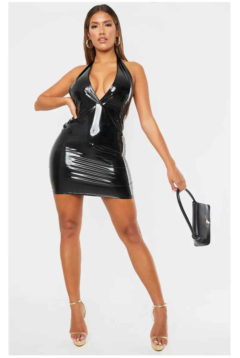 Black Vinyl Halterneck Sexy Dress - Image 3