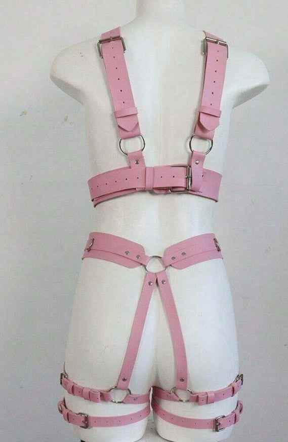 Body Bondage Suspenders Sexy Leather Harness Pink - Image 4