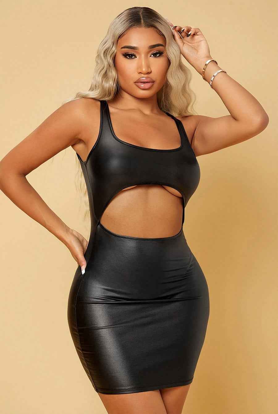 Cut Out Bodycon PU Leather Dress - Image 4