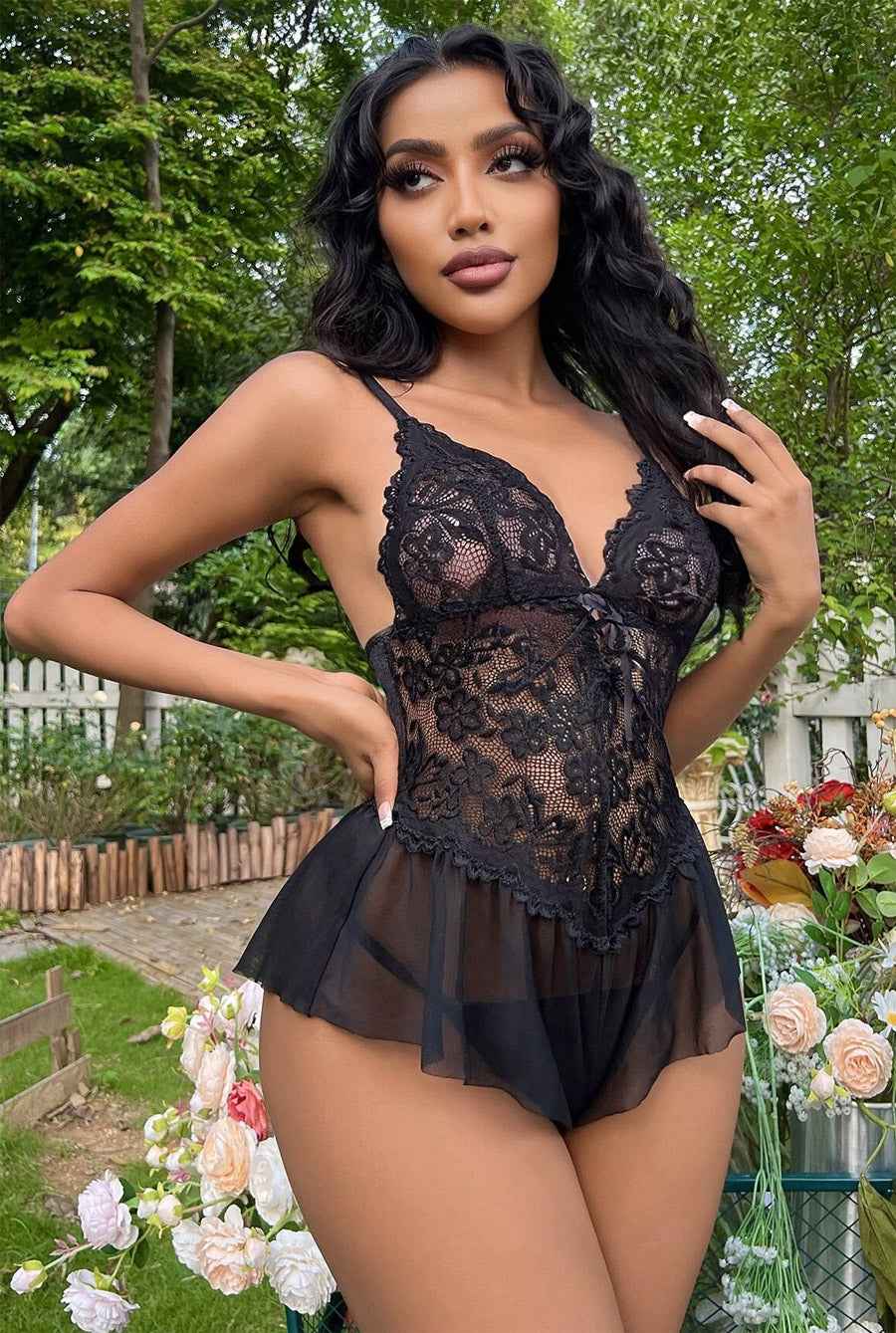 Flirty Ruffle Skirt Trim Lace Teddy - Image 3