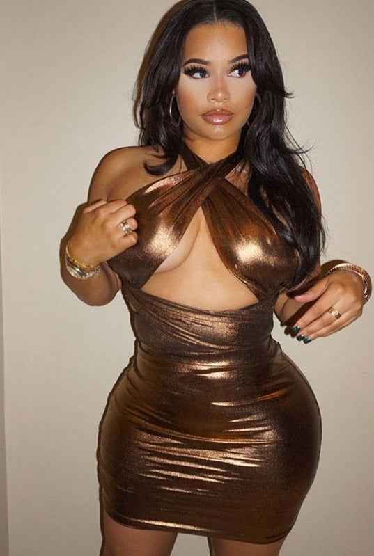 Gold Brown Metallic Wrap Cut out Sexy Dress - Image 3