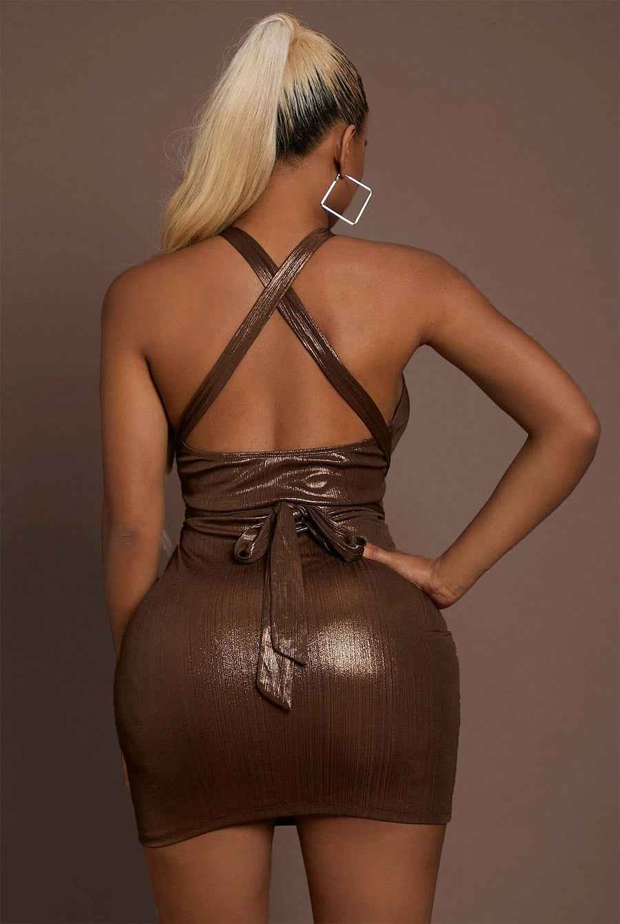 Gold Brown Metallic Wrap Cut out Sexy Dress - Image 4