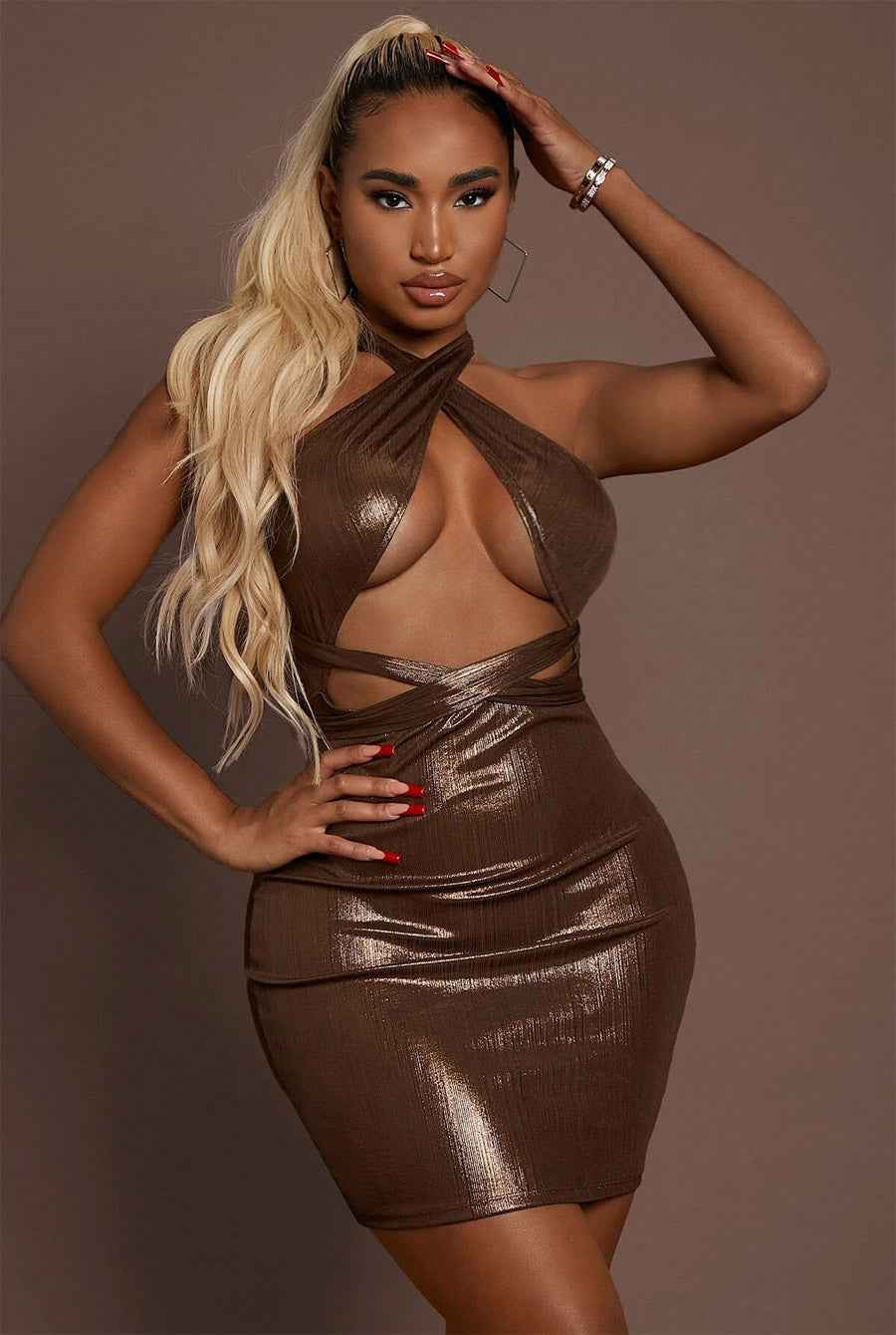 Gold Brown Metallic Wrap Cut out Sexy Dress - Image 5