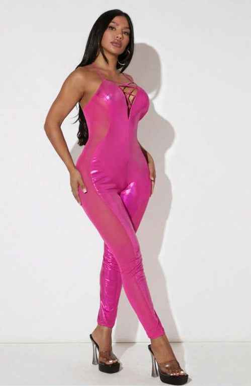 Hot Pink Mesh Insert Jumpsuit - Image 3