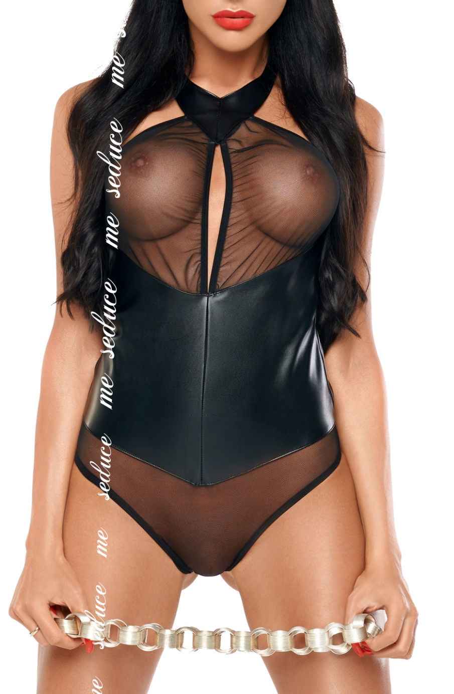 Imane Black Mesh panels PVC Bodysuit - Image 2