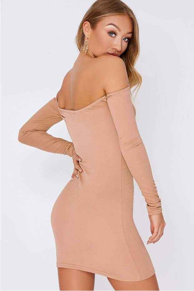 Nude off the shoulder bodycon dress - Image 2