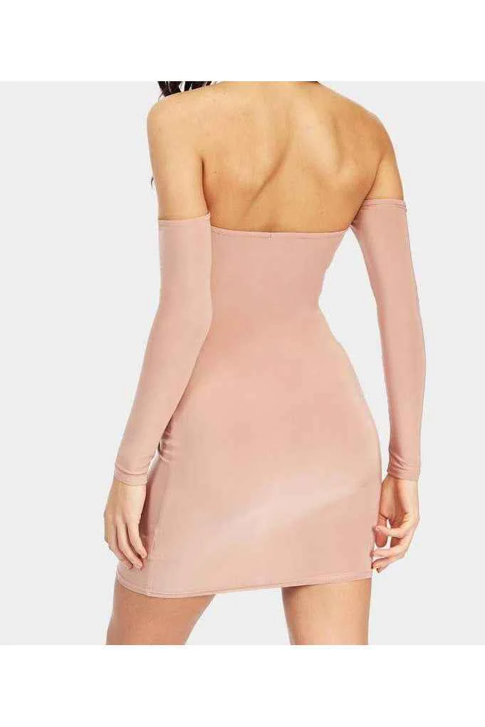 Nude off the shoulder bodycon dress - Image 3