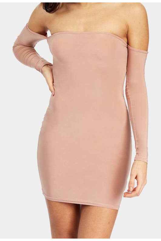 Nude off the shoulder bodycon dress - Image 4