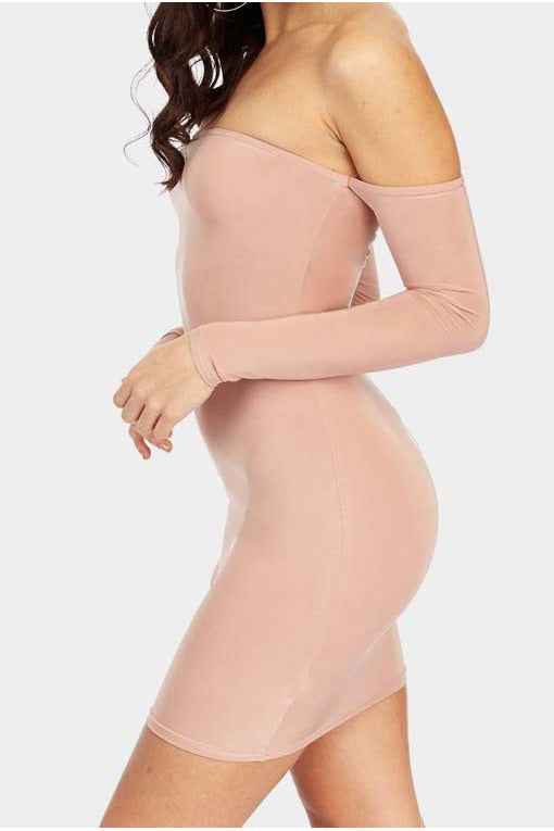 Nude off the shoulder bodycon dress - Image 5