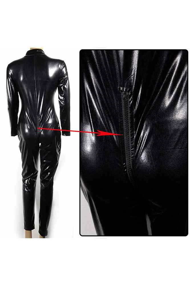 Open crotch 2-Way Zip Black Wetlook Catsuit - Image 3