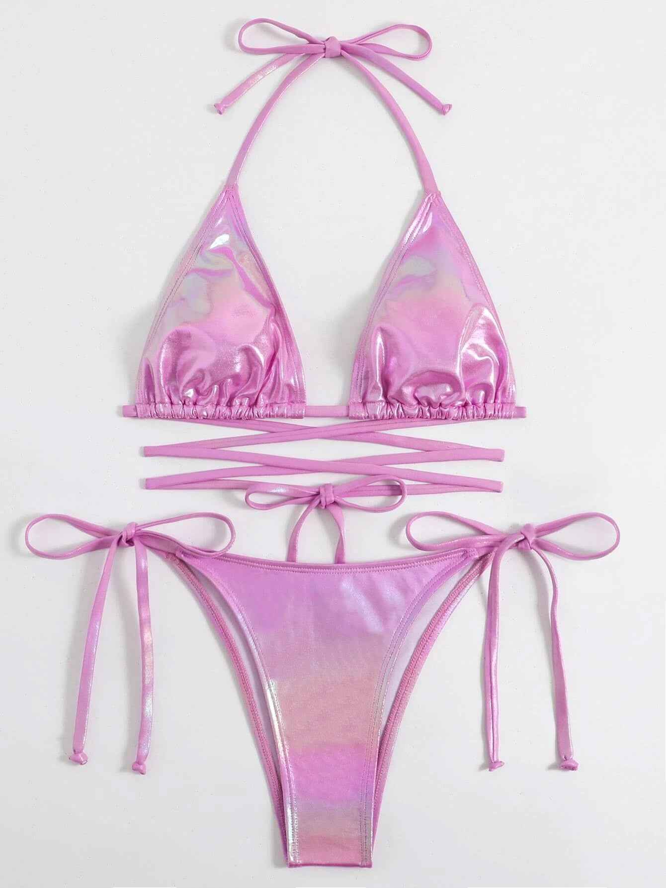 Pink Metallic Halter Triangle Bikini Set - Image 4