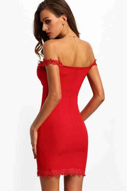 Red Sweetheart Neck Lace Slim Bodycon Dress - Image 3