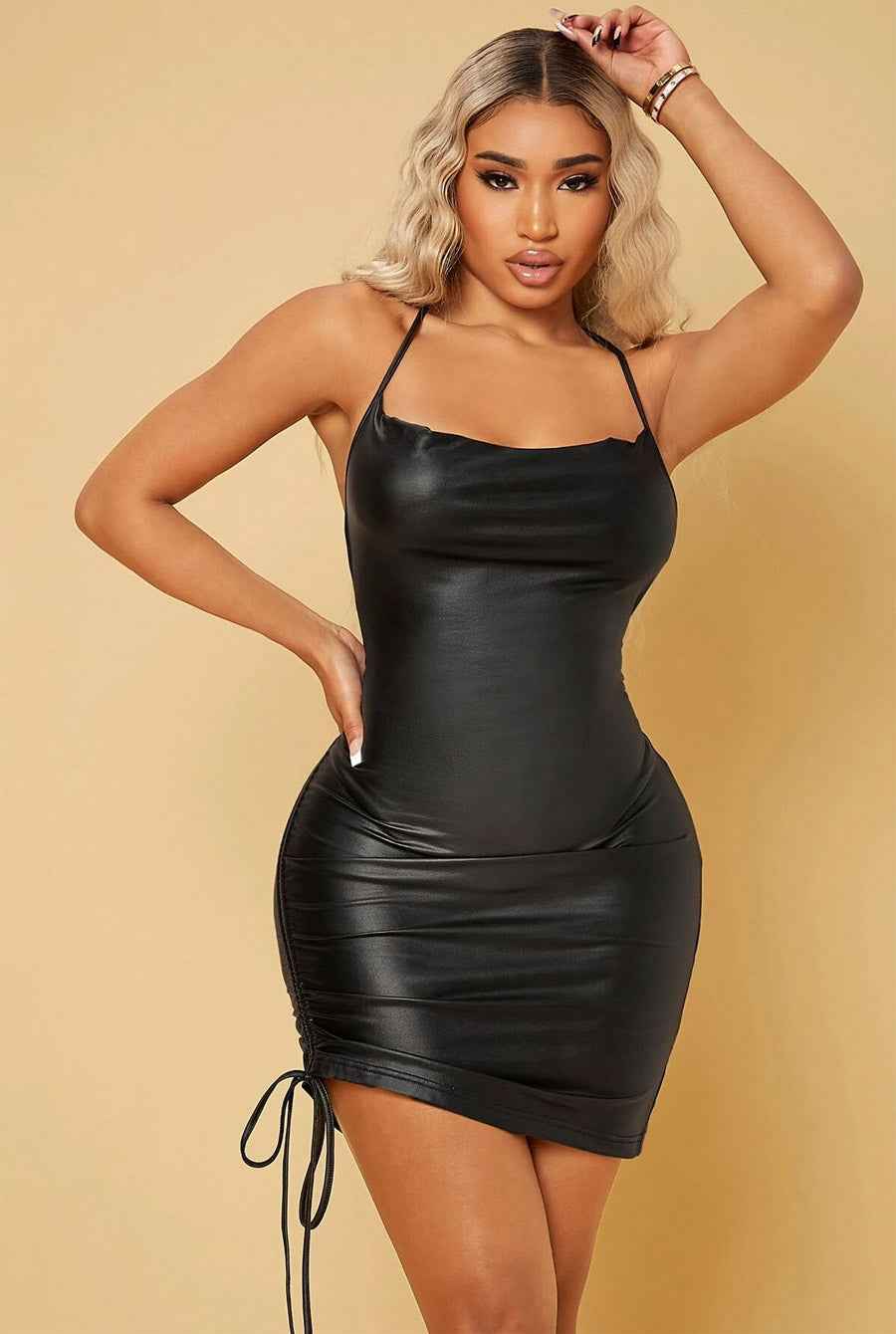 Ruched Bodycon PU Leather Mini dress