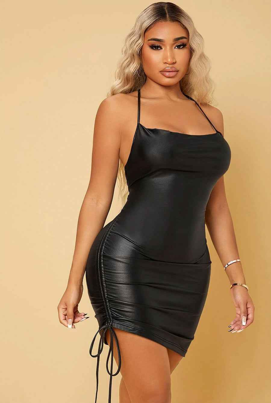 Ruched Bodycon PU Leather Mini dress - Image 4