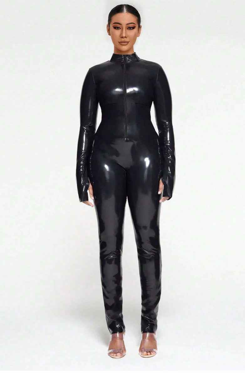 Sexy Black Front-Zip PU Leather Jumpsuit - Image 5