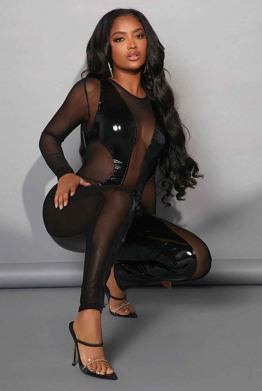 Sexy Black Vinyl Super with Slick Mesh Catsuit - Image 3