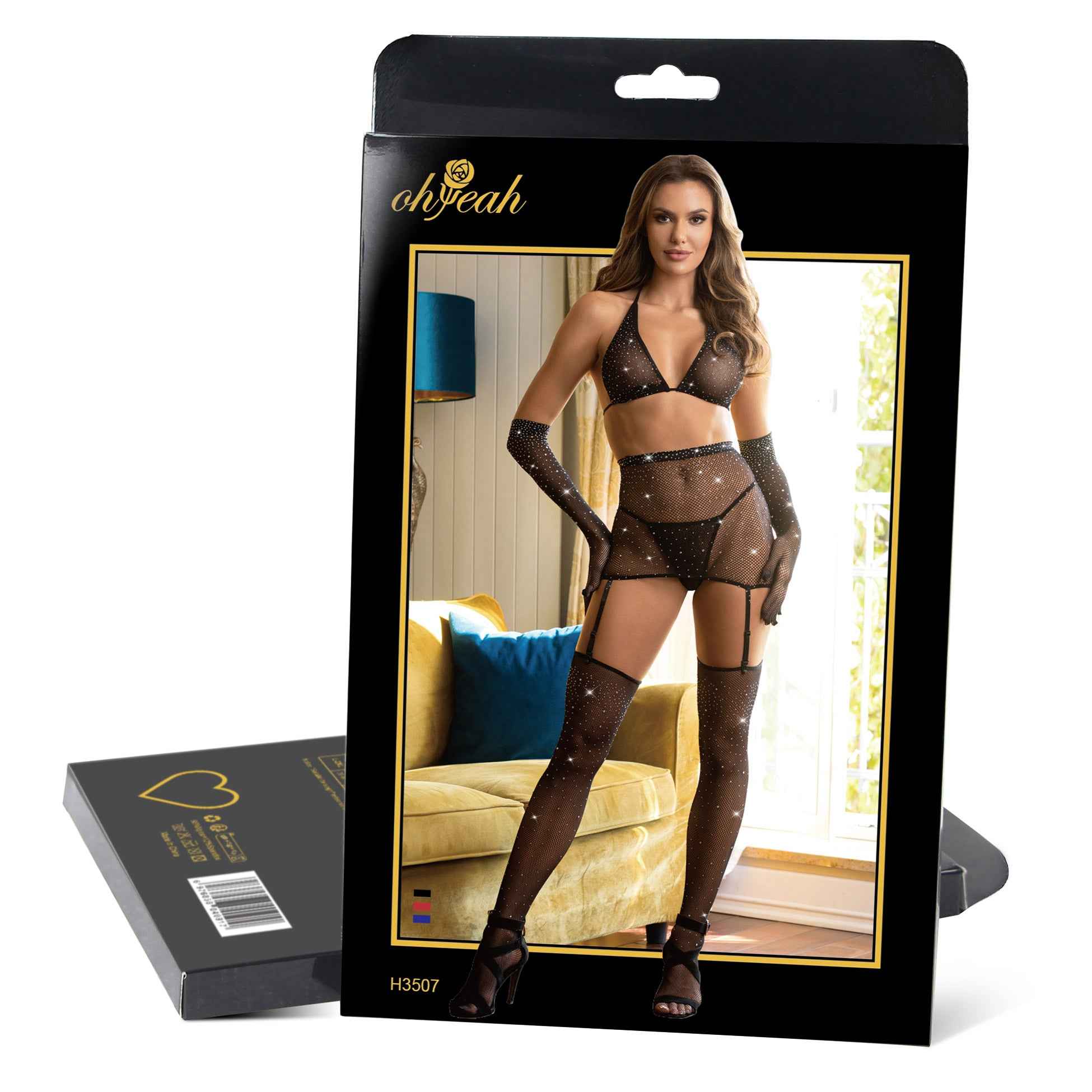 Sexy Diamond Fishnet Bodystocking with Gloves - Black - Image 6