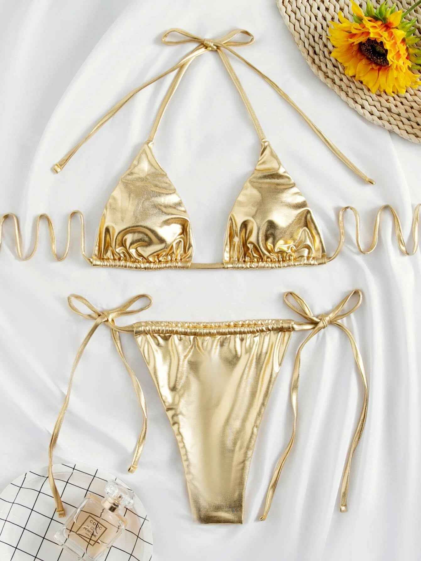 Sexy Gold PU Wet Look Bikini Set - Image 5