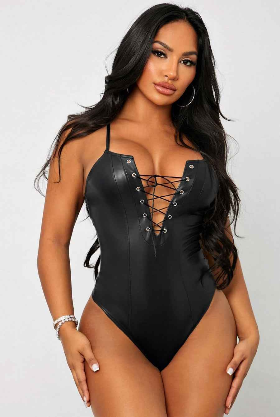 Sexy Lace UP PU Bodysuit Teddy