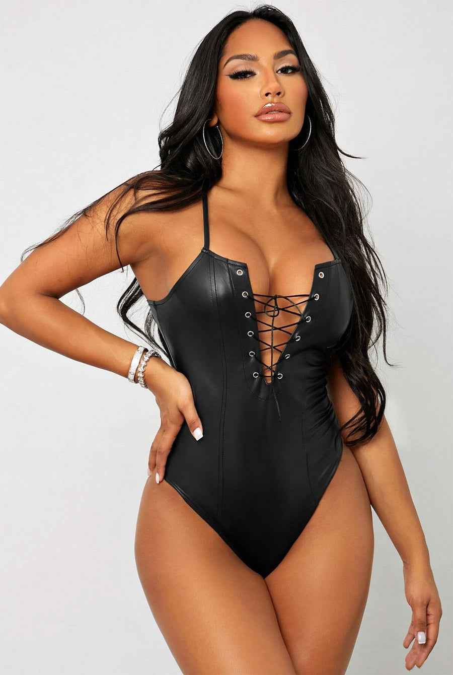 Sexy Lace UP PU Bodysuit Teddy - Image 3