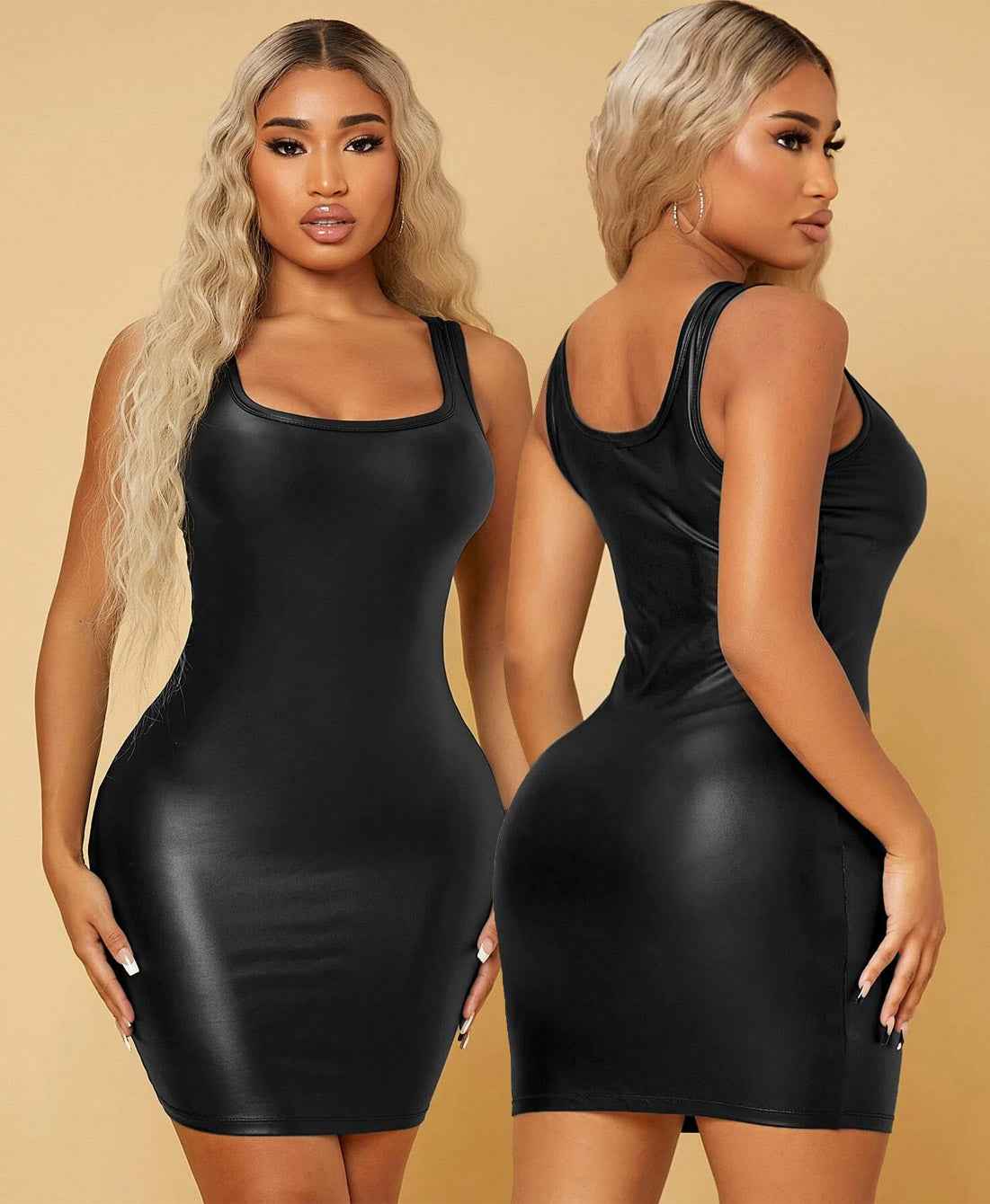 Sexy Scoop Neck PU Leather Bodycon Dress - Image 2