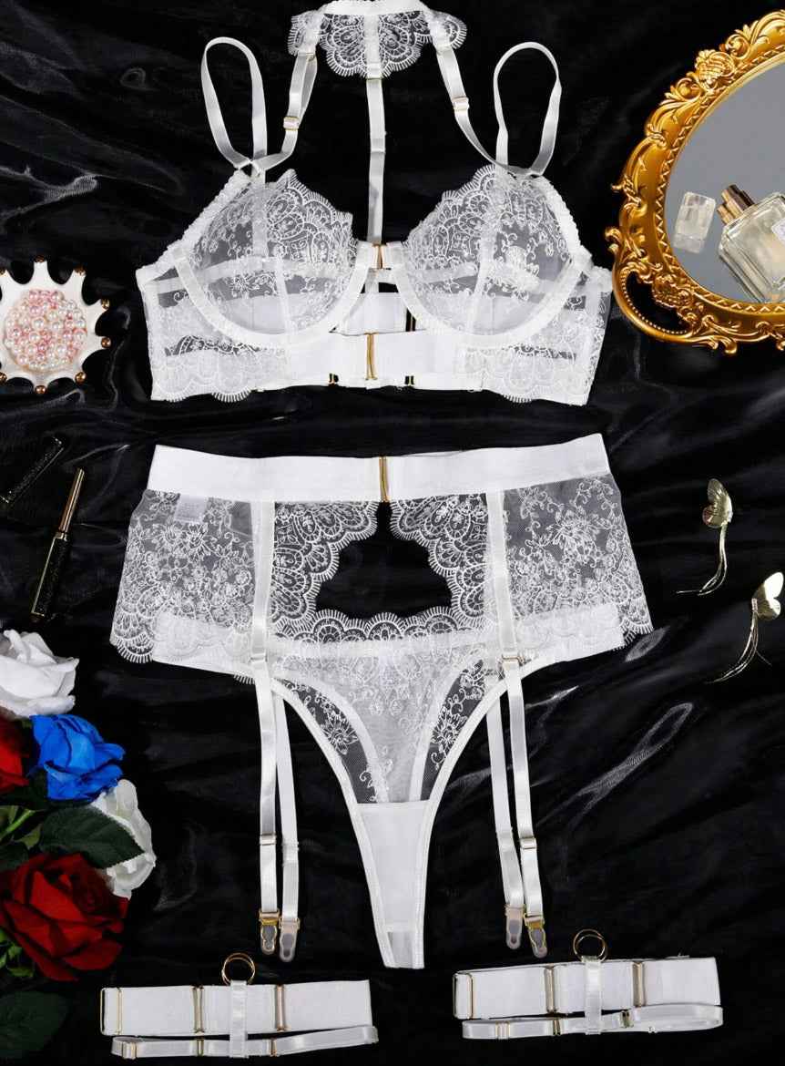 White Love Tease Lace Bra and Garter Set - Image 3