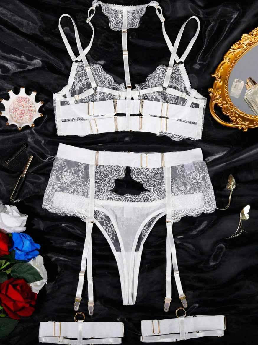 White Love Tease Lace Bra and Garter Set - Image 4